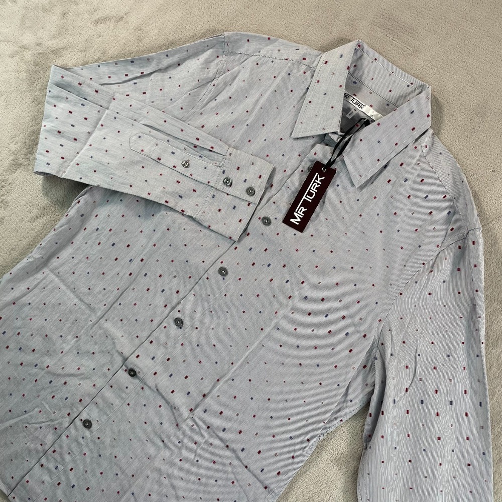 Mr. Turk Aaron Shirt Men Medium Blue Multi Geometric Slim Fit Designer NWT $198